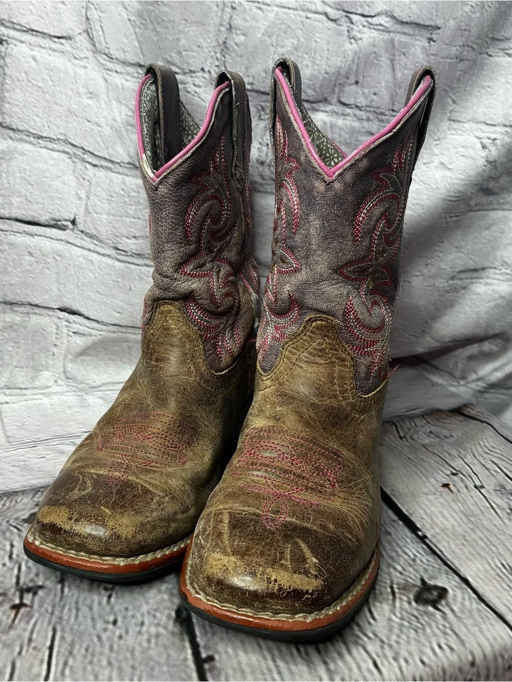 Western Distressed Brown Leather Cowgirl Purple Pink Boho Chic Boots Girls 13D